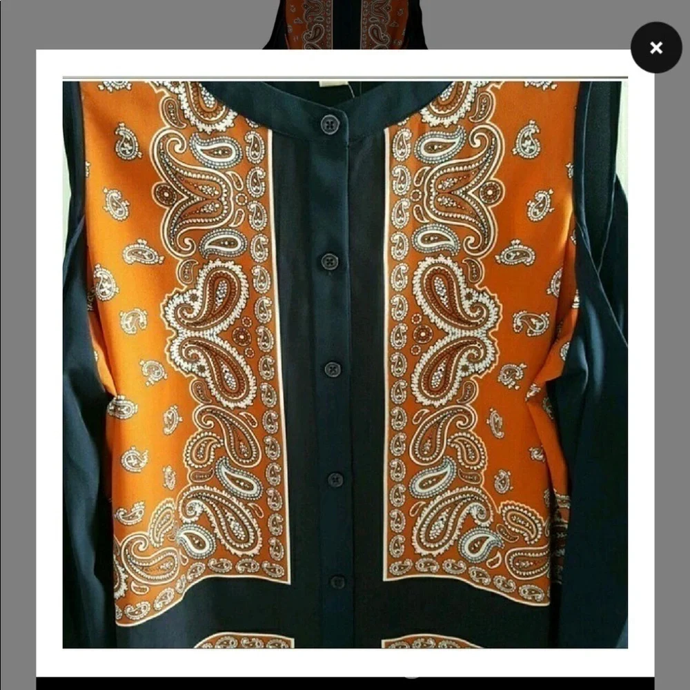 Michael Kors Orange/Navy Paisley Print Cold Shoulder Long Sleeve Blouse Sz S EUC